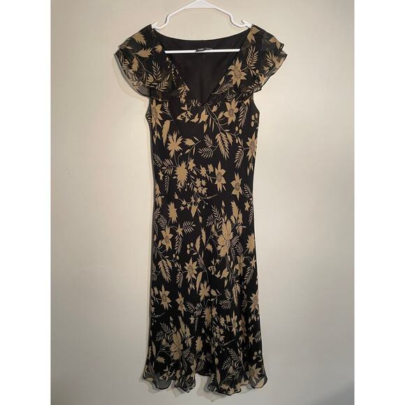 Vintage Lauren Ralph Lauren Black Floral Silk Short Flutter‎ Sleeve Midi Dress - Picture 1 of 9